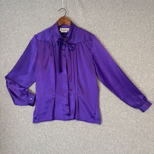 Vintage Y2K Teddi USA Made Purple Necktie Blouse Womens Medium Button Down Silky